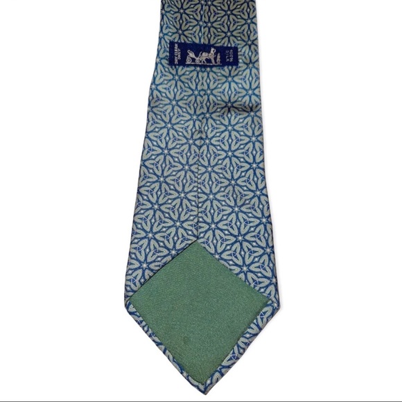 HERMÈS Silk Necktie 60” Extra Long 7937 MA Blue Green Geometric Floral Design - Picture 4 of 8